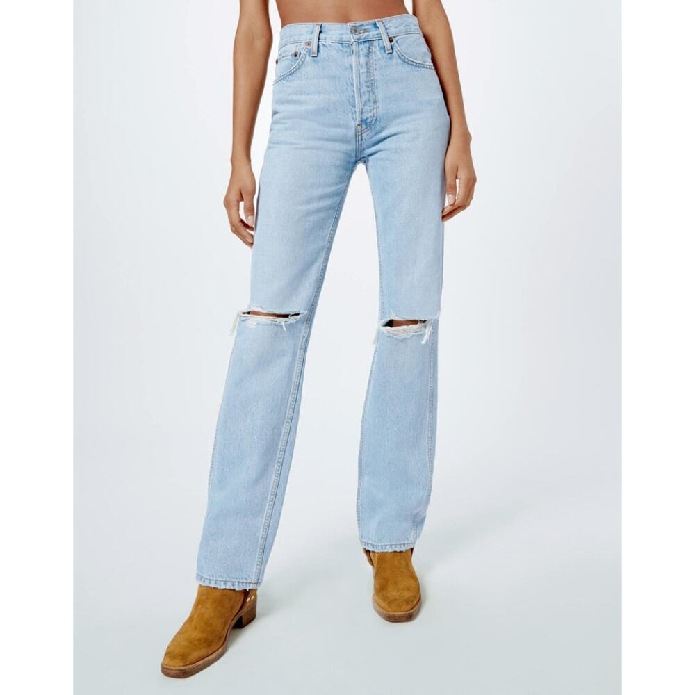 RE/Done Women's 90s High Rise Loose Jeans / Bleach Destroy Blue Size 25 NWT